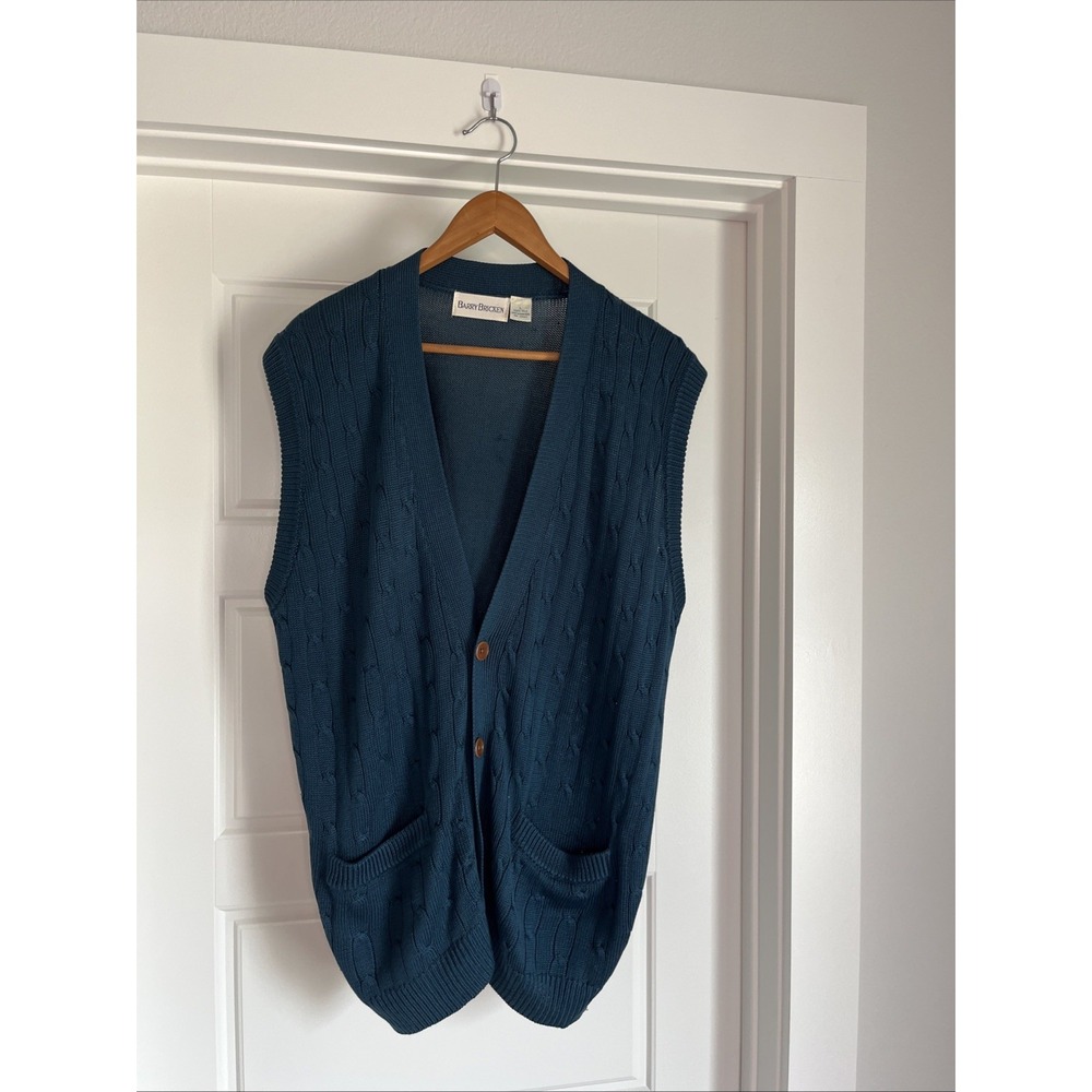VTG  Barry Bricken Men Cable Knit Vest L  Tall Silk  Grandpacore Green Old money